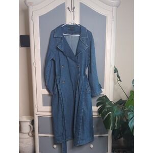 ASOS Design Blue Denim Trench Coat Double Breasted Belted Midi Jacket